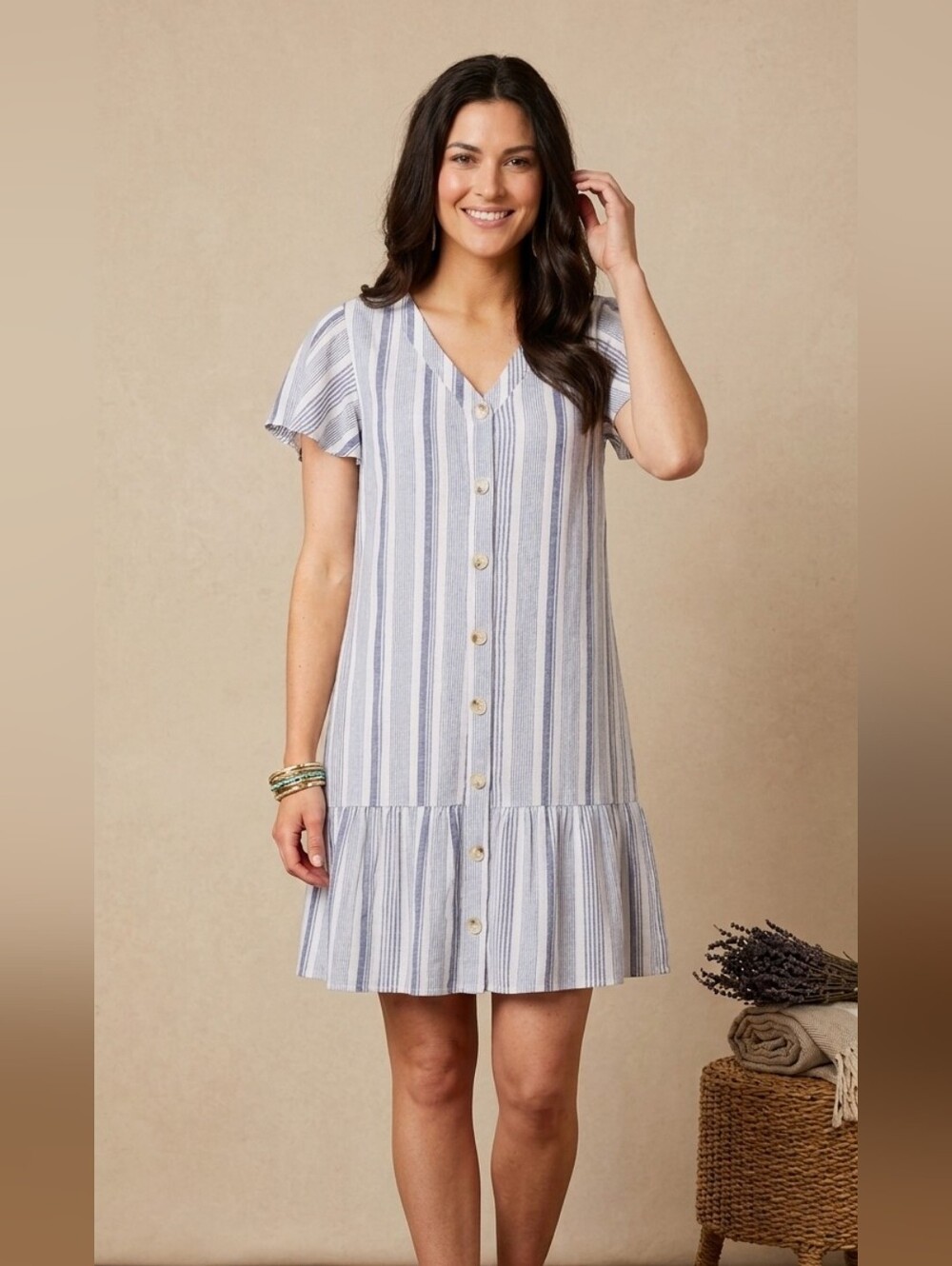 ALTAR'D STATE Mini Dress Short Sleeve Large Button Front Blue White Stripe